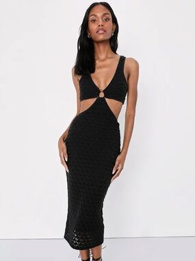 Lulu's Black Cutout sleeveless knit Midi Dress with Ring Accent